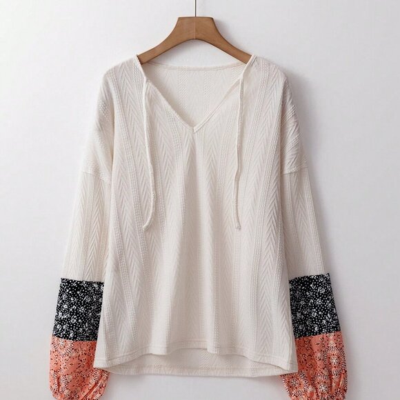 Beige Casual Women's multi Pattern Long Sleeve Loose V-Neck Pullover top - Picture 4 of 8